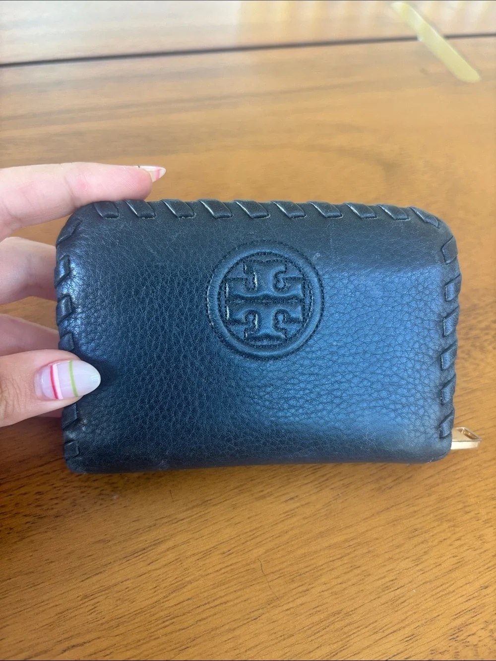 Tory Burch Black Leather Zip-Around Wallet with Whipstitch Edge